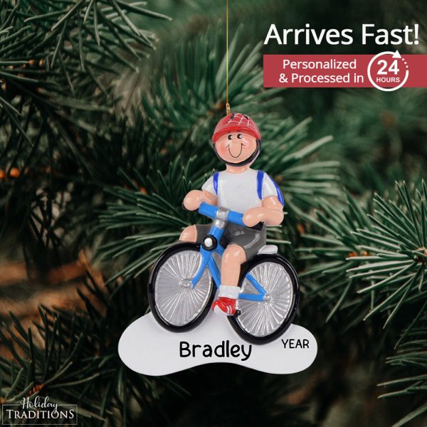 Boy Biking Personalized Christmas Ornament on Sale